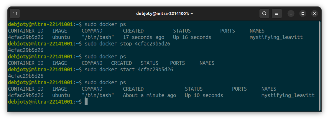 Screenshot: 2.7: Restart a Container (docker stop & docker start)