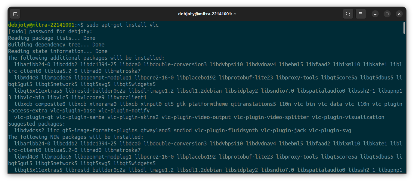 Screenshot: 2. sudo apt-get install vlc